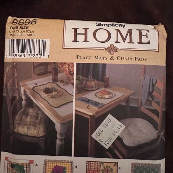 Simplicity HOME Sewing Pattern 8696 Place Mats and Chair Pads UNCUT - Picture 2 of 4